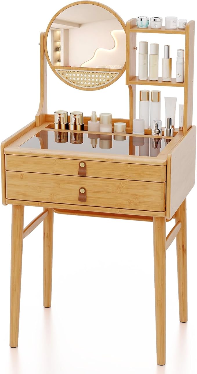 CHARMAID Small Vanity Desk with Mirror, Glass Top Bamboo Makeup Vanity Table with Storage Drawers & Shelves, Tabletop Groove, Rotatable Mirror, Compact Dressing Table for Bedroom Small Spaces, 23.5"W