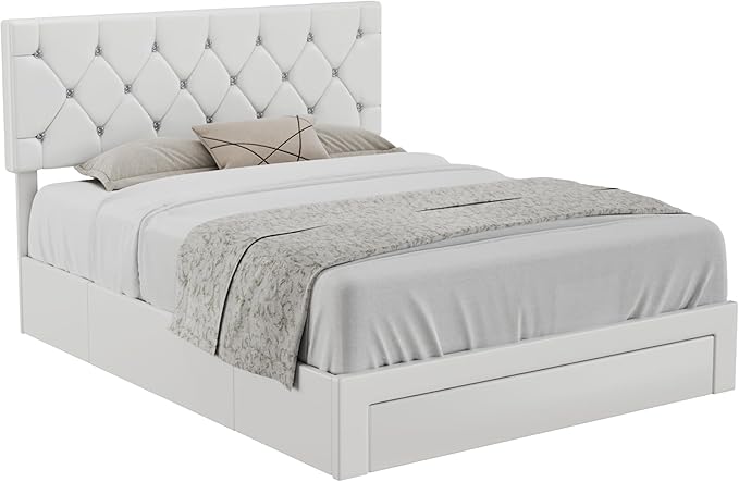 VECELO Queen Size Bed Frame with 3 Storage Drawers, Leather Upholstered with Diamond Tufted Headboard, Solid Wood Slat Support & Steel Framework, PU & White
