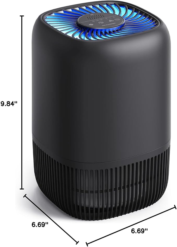 Air Purifiers for Bedroom with High Efficiency Filter Up to 1076 Ft² for Pet Hair, Odors, Pollen, Smoke, Compact Air Cleaner with 3 Speeds, Timer, Aroma Quiet 360°Intake Filter, Black