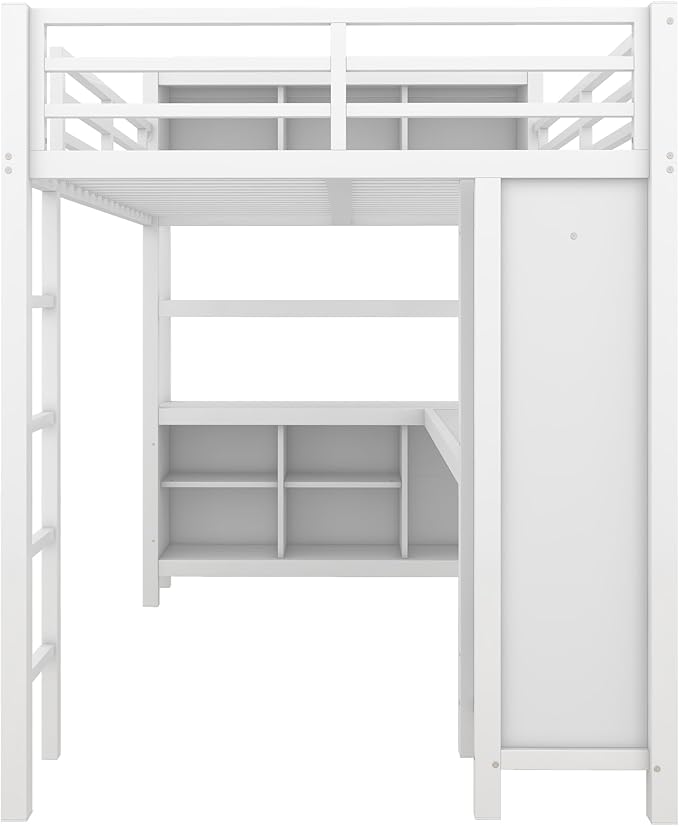 Full Size Loft Bed with L Shaped Desk, Wardrobe and Storage Shelves, Metal Heavy Duty Loft Bed Frames with Ladder and Guardrails for Kids, Teens, Juniors, Space Saving (White, Full)