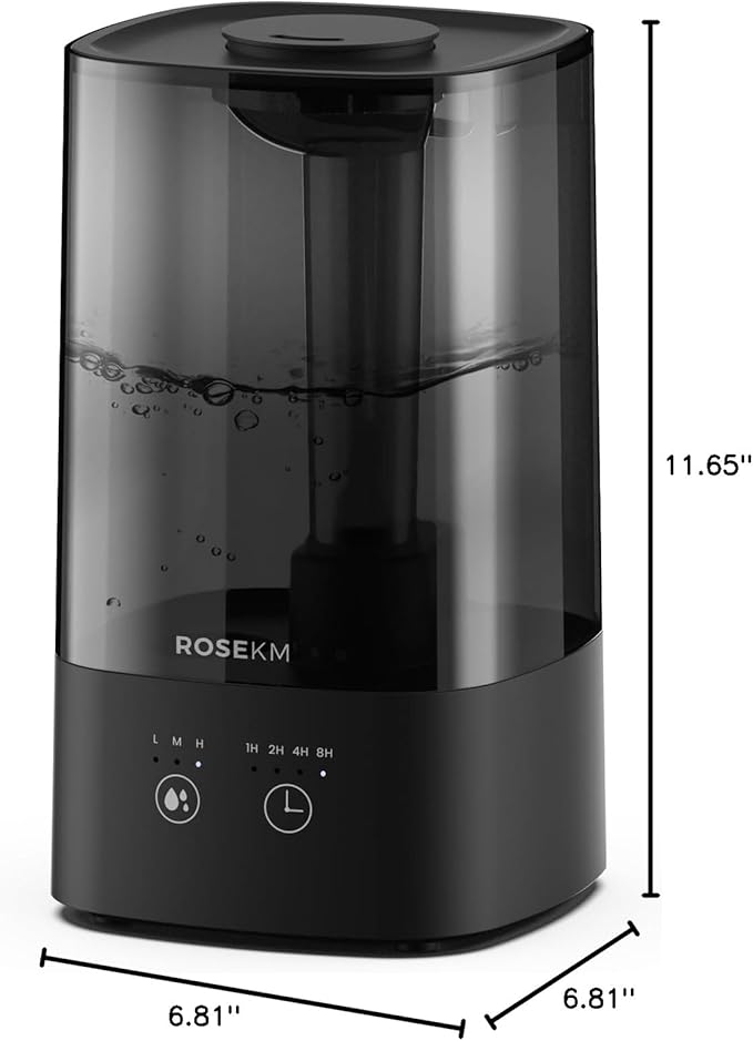 ROSEKM 4.5L Humidifiers for Bedroom, Humidifiers for Home Large Room, Cool Mist Humidfiers for Baby and Plant with Timer, Adjustable Mist Level, 360° Nozzle, Auto Shut-Off, Black