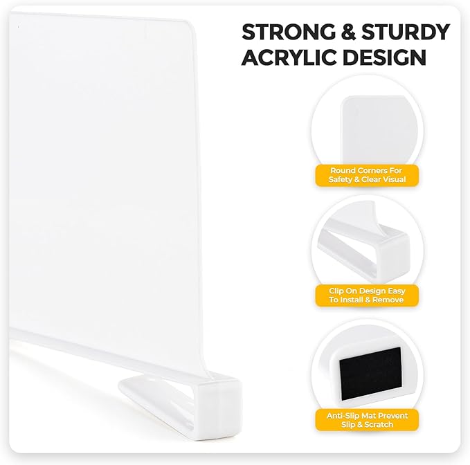 JOY DECOR 8 Pack Acrylic White Shelf Dividers for Closets Organizer and Storage Adjustable Vertical Wood Shelf Closet Separators for Clothes,Book,Bags in Bedroom and Kitchen