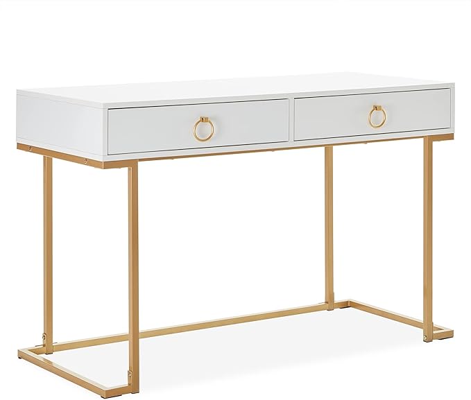 BELLEZE Vanity Desk with 2 Drawers, 45 Inch Computer Desk Mordern Vanity Makeup Dressing Table Home Office Desk Laptop Study Writing Table with Gold Metal Frame, White