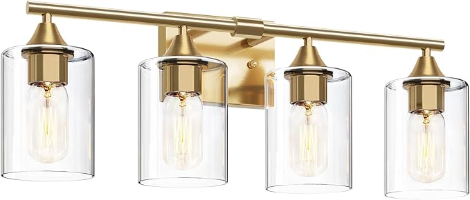 Brushed Gold Vanity Light,4 Light Gold Bathroom Light Fixtures,Bathroom Lights Over Mirror with Clear Glass Shade,Modern Wall Lighting for Mirror Bedroom Vanity Hallway