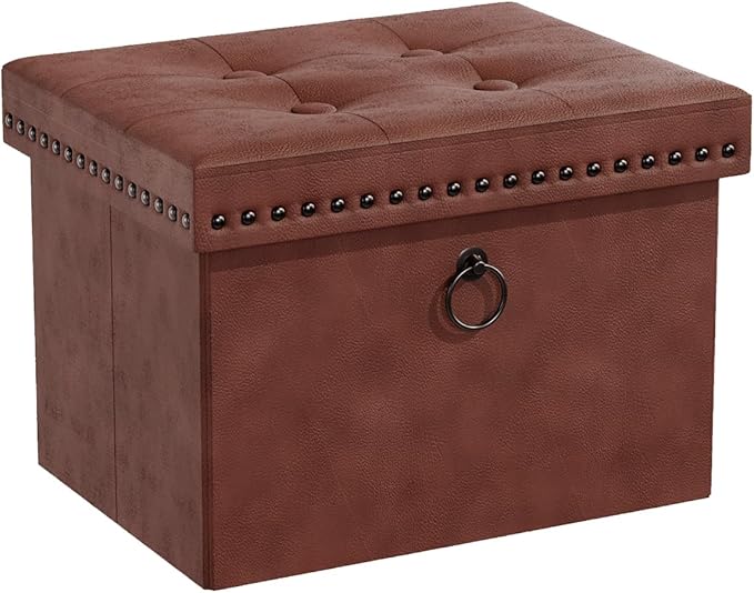 Ottoman Faux Leather Storage Ottoman Bench, Rectangular Storage Ottoman for Bedroom End of Bed, Brown Leather Footrest Ottoman with Toy Blanket Storage 16" D x 12" W x 12" H (Small)