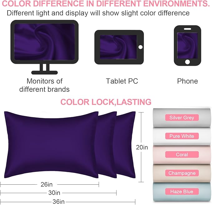 Silk Pillow Cases 2 Pack Standard Size with Hidden Zipper, Mulberry Silk Pillowcase for Hair and Skin, Smooth and Soft Breathable Cooling Silk Satin Pillowcase Set of 2, Gifts for Women,Purple