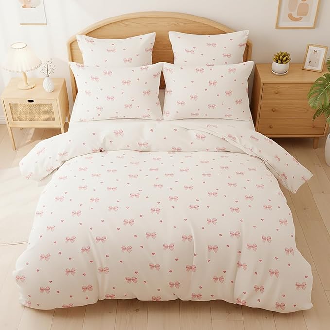 Nayoroom Pink Bow Duvet Cover Queen Size Coquette Pink Heart Duvet Cover 3 Pieces Soft Lightweight Microfiber Kids Girls Cute Aesthetic Dorm Bedding Set