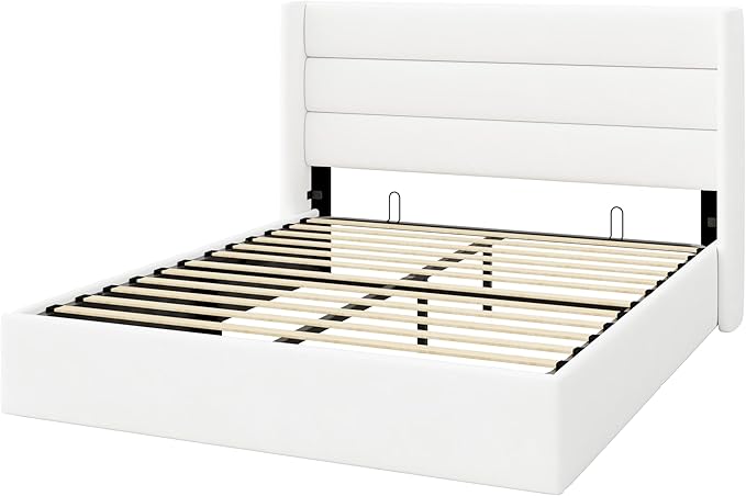 Allewie Full Size Velvet Lift Up Storage Bed, Modern Wingback Headboard, Hydraulic Support, No Box Spring Needed, White