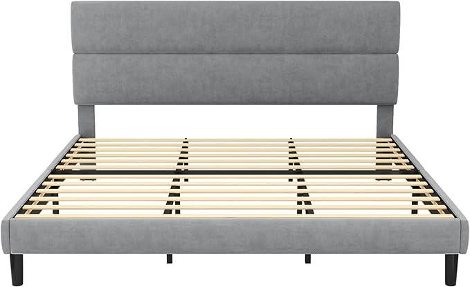 GRUSIGN King Size Platform Bed Frame with Velvet Headboard, Adjustable Height Wooden Slats Support, Upholstered Mattress Foundation, Fits Mattress or Mattress with Box Spring, Easy Assembly, Grey