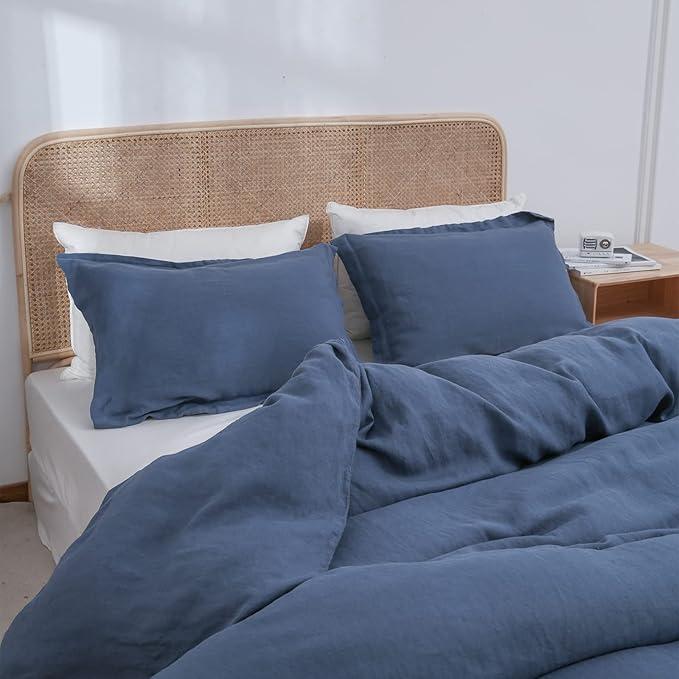 Simple&Opulence 100% Linen Duvet Cover Set 3pcs Basic Style Natural French Washed Flax Solid Color Soft Breathable Farmhouse Bedding with Button Closure - Classic Blue, King