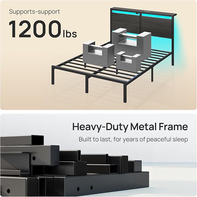 Rolanstar Queen Bed Frame with Headboard, Bed Frame Queen with LED Lights, Camas Queen Size Bed with Charging Station, Solid Metal Slats, Noise Free, No Box Spring Needed, Black Oak