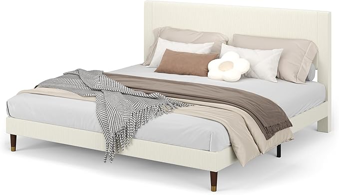 GarveeHome King Size Bed Frame with Upholstered Headboard and Strong Wooden Slats Support, Soft Corduroy Fabric Platform Bed, No Boxing Spring Needed, Easy Assembly, Beige