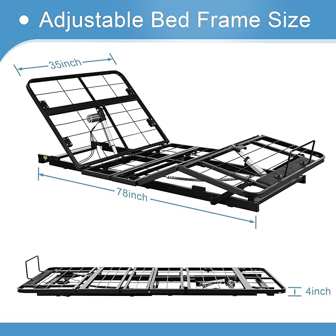 Twin XL Adjustable Bed Frame Without Legs for Rv Platform Storage Bed, Zero Clearance Head & Foot Electric Lift Recline