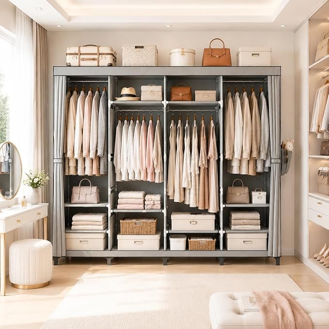 Portable Closet Wardrobe Closet for Hanging Clothes with 4 Hanging Rods for Bedroom, Non-Woven Fabric Clothes Closet for Living Room Easy Assemble (Gray, 4 Columns, 66.9 inch Width)