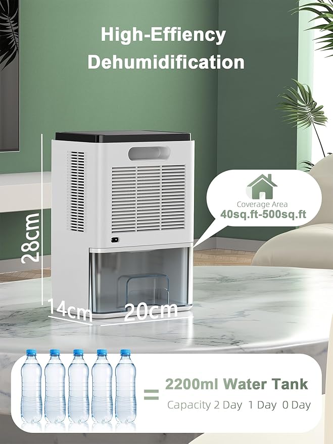 Dehumidifier,75 OZ Water Tank (500 sq.ft) Dehumidifiers for Home,Quiet Dehumidifier for Bathroom Bedroom Basement RV with 12H Timer,Auto Shut Off,7 Colors LED Light,Sleep Modes(2200ML)