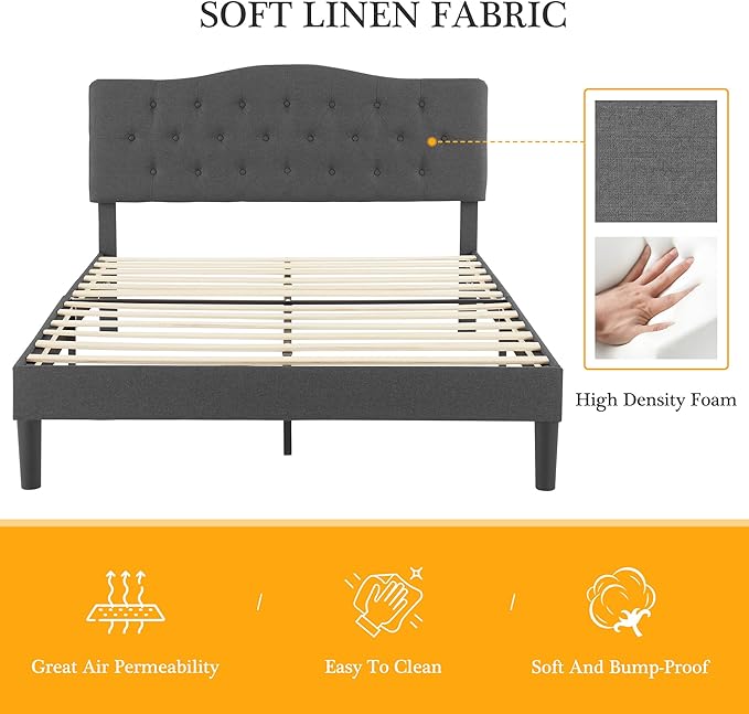 VECELO Full Size Platform Bed Frame with Fabric Upholstered Headboard and Wooden Slats Support, No Box Spring Needed/Easy Assembly,Grey