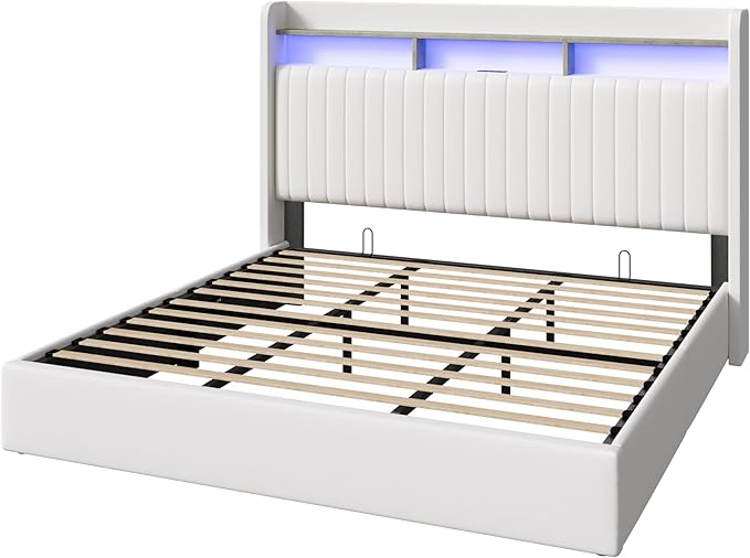 SHA CERLIN King Size Lift Up Storage Bed Frame/LED Lights/Charging Station/2-Tier Shelves Headboard/USB,Type-C Ports/Velvet Upholstered/Hydraulic Support/No Box Spring Needed/Noise Free/White