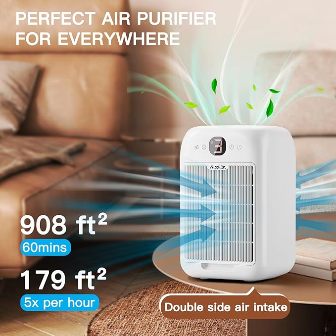 Aircillin Air Purifiers for Home Large Room, Up to 908 Sq Ft Each, HEPA Air Purifiers for Bedroom with Aromatherapy, HEPA Filter for Smoke, Pet Dander, and 99.9% of 0.1 Micron Particles 2-Pack white