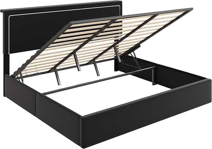 Allewie King Size Lift Up Storage Bed Frame with Charging Station & LED Lights, Adjustable Velvet Upholstered Storage Headboard, Type-C & USB Ports, Hydraulic Support, No Box Spring Needed, Black