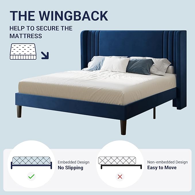 Allewie Full Size Velvet Platform Bed Frame with Vertical Tufted Wingback Headboard, Easy Assembly, Under Bed Storage, No Box Spring Required, Modern Style, Blue