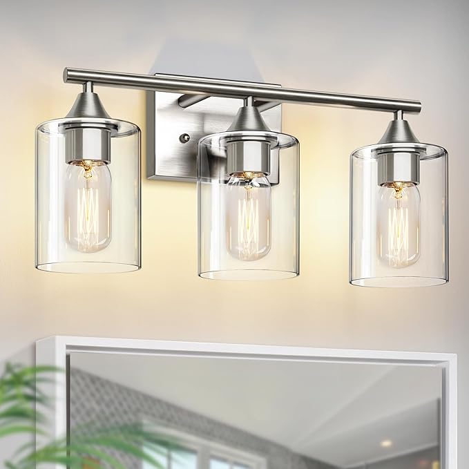 3-Light Bathroom Light Fixtures,Brushed Nickel Vanity Light,Modern Bathroom Lighting Fixtures Over Mirror,Wall Lighting Sconces for Mirror Bedroom Living Room Vanity Table Hallway