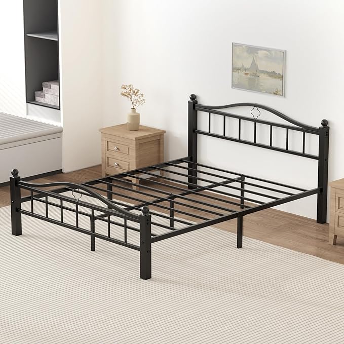 Metal Queen Bed Frames with Headboard, 1500lb No Squeak Metal Platform with Headboard, 12" Underbed Storage, Tool-Free 30-Min Assembly No Box Spring Needed for Dorms/Apartments