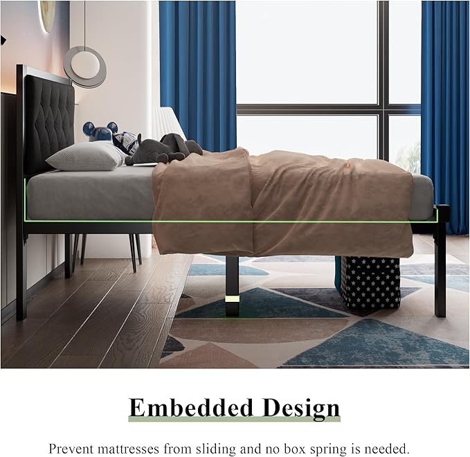 Feonase Twin Size Metal Bed Frame with Linen Upholstered Headboard, Heavy-Duty Platform Bed Frame with 12" Storage, Steel Slats Support, No Box Spring Needed, Gray