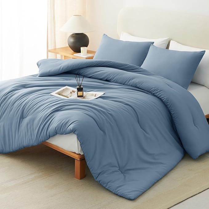 CozyLux Twin Comforter Set Grayish Blue, 2 Pieces Twin Extra Long Solid Breathable Bedding Set for College Dorm, Twin XL Dusty Blue Luxury Soft Bed Set with Down Alternative Comforter and 1 Pillowcase