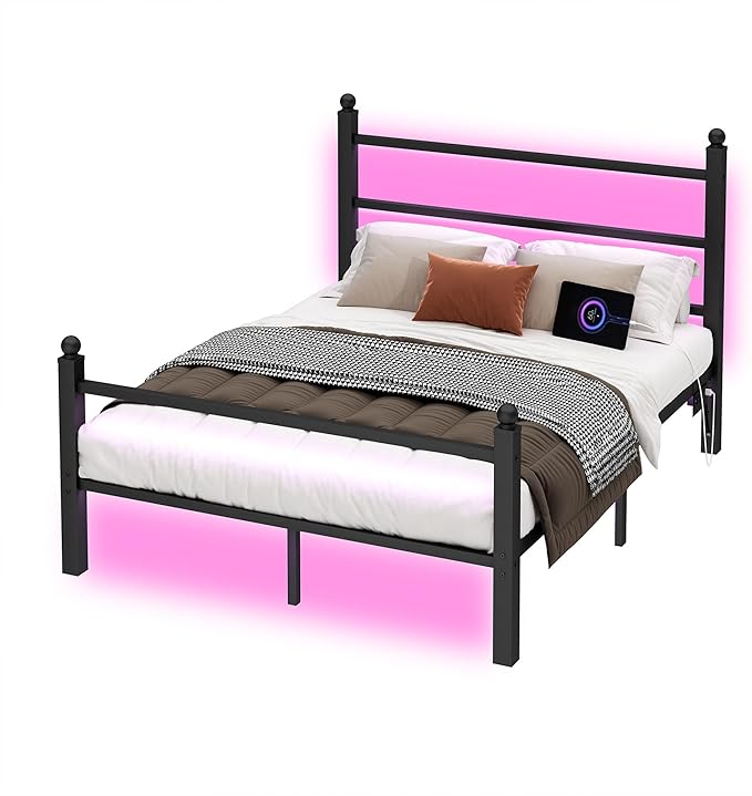 CLIBFENG Full Size Bed Frame with Headboard and Footboard,Steel Slats Support-LED Bed Frame with USB Charging Station,Mattress Foundation-Under Bed Storage, No Box Spring Needed,Noise Free,Black