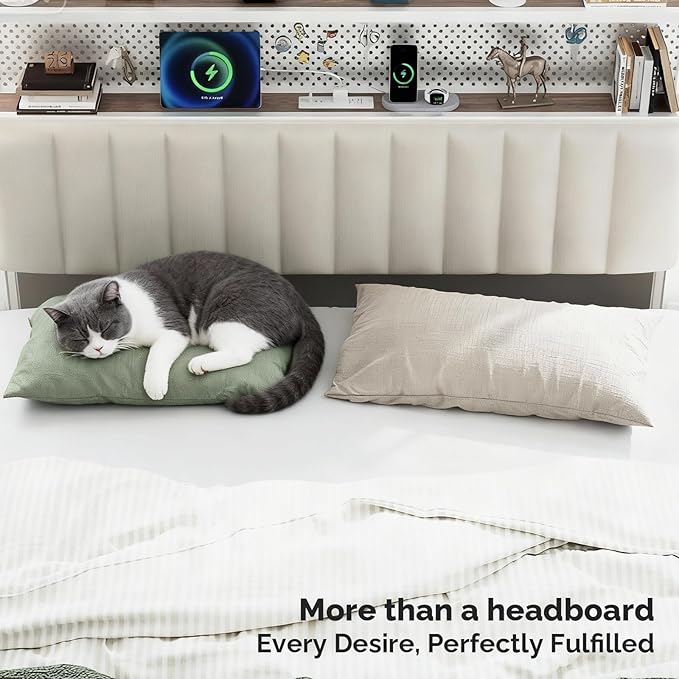 VINGLI King Size Headboard for Bed,Upholstered Headboards with Storage, Charging Stations and LED Lights, 2 Tier Shelves and Pegboard, Modern Bed Head Board, Adjustable Height, White