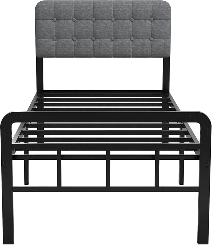 EMODA 16 Inch Twin XL Bed Frames with Upholstered Headboard and Metal Footboard, Heavy Duty XL Twin Metal Bed Frame, No Box Spring Needed, Easy Assembly