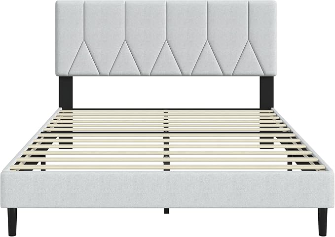Queen Bed Frame, Padded Platform Bed Frame with Fabric Headboard, Vertical Quilted Design, Sturdy Slatted Mattress Base, No Spring Mattress Required, Easy to Assemble, Light Gray
