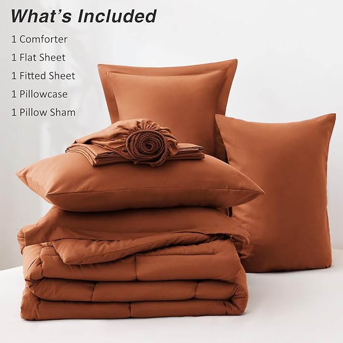 Love's cabin King Size Comforter Set Burnt Orange, 7 Pieces King Bed in a Bag, All Season Bedding Sets with 1 Comforter, 1 Flat Sheet, 1 Fitted Sheet, 2 Pillowcase and 2 Pillow Sham | Soft, Breathable, Lightweight, Comfortable