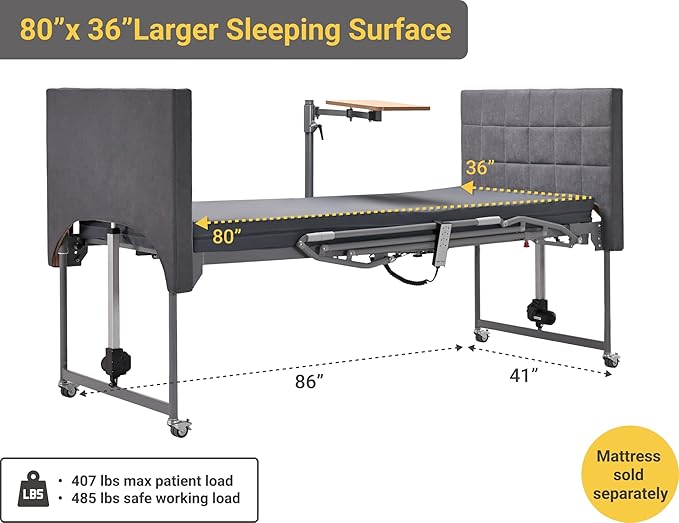 Electric Hospital Bed for Home Use – 5 Functions, Advanced German LIMOSS Motor, Ultra-Low 8.5"–25" Adjustable Height, Double Solid Wood Panels with Medical Overbed Table & Foldable Rails