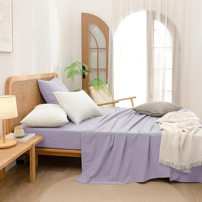 BESTOUCH 100% Washed Cotton Pillowcase for Hair and Skin Linen Feel Soft Comfortable Breathable 2 Set Pillow Case with Envelope Closure Solid Taro Purple Euro 26x26 Inches