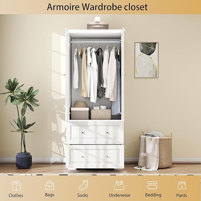 Bedroom Armoires Wardrobe Closet with 2 Doors: 74" White Wardrobe Cabinet with 2 Drawers, Modern Wood Closet for Hanging Clothes, Large Wardrobes Storage Closets (White, 31.4")
