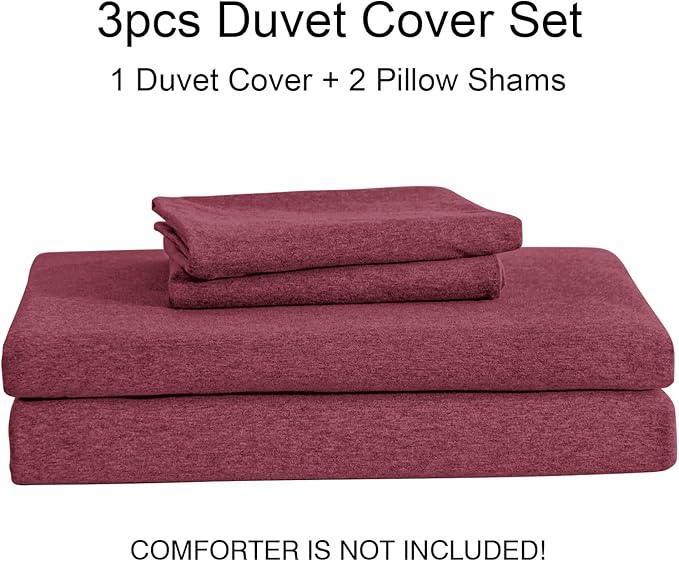 PURE ERA Jersey Knit Duvet Cover Set 100% T-Shirt Cotton Super Soft Comfy 3pc Bedding Set with Zipper Closure (Heather Burgundy Red, Queen)