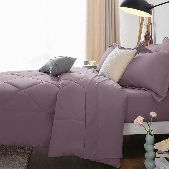 CozyLux Full Size Comforter Sets Dusty Purple - 7 Pieces Bed in a Bag Full, Soft Bed Set for All Seasons, Bedding Set with Down Alternative Comforter, Sheets, Pillowcases & Shams, Grayish Purple