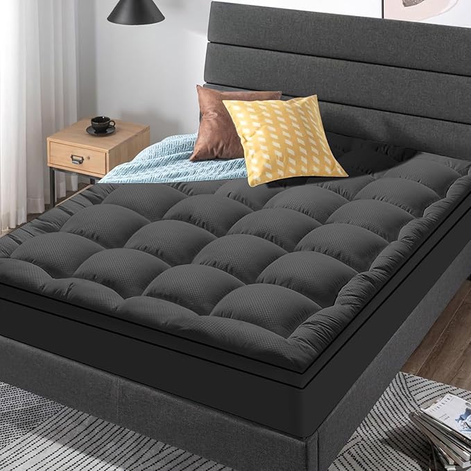 King Size Mattress Topper for Back Pain, Cooling Extra Thick Mattress Pad Cover with 8-21 inch Deep Pocket, Plush Pillow Top Mattress Topper Overfilled with Down Alternative, King Size, Black