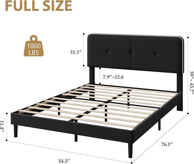 Garvee Full Bed Frame, Velvet Upholstered Platform Bed Frames with Adjustable Headboard, No Box Spring Needed, Anti-Noise EVA Sponge, Sturdy Metal Support, Easy Assembly, Black & White Trim