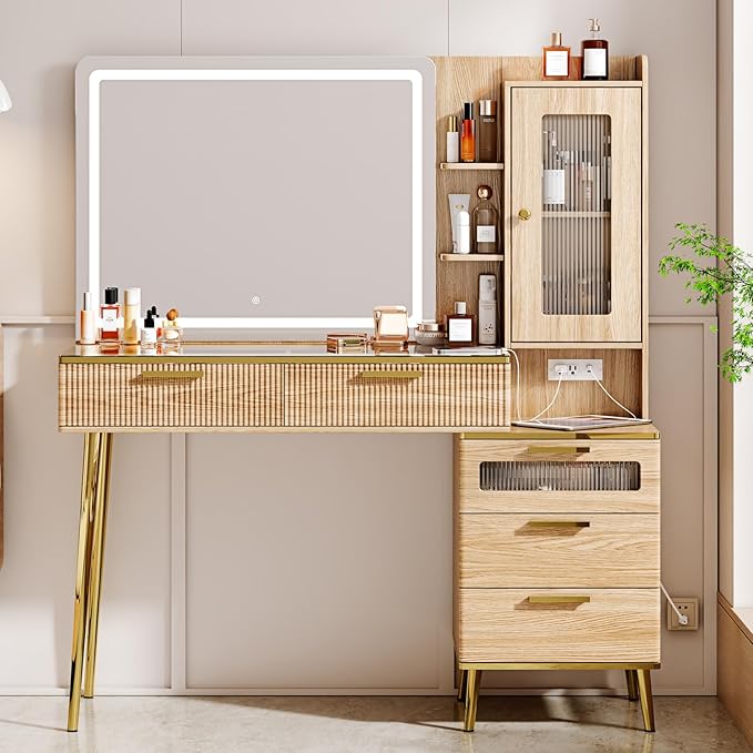 Arulvmrn Vanity Desk with Mirror and Lights, with Power Outlet and 10 Lights Modern Capacity Makeup Vanity with 3 Drawers, Makeup Table for Bedroom,Makeup Room,White