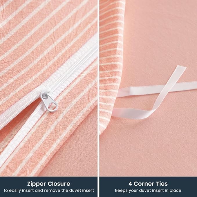 Wake In Cloud - Striped Cotton Duvet Cover Set, 100% Washed Cotton Textured Percale Bedding Set, Ticking Stripe Pinstripe Farmhouse, 3 Pieces, Light Pink, Full Size