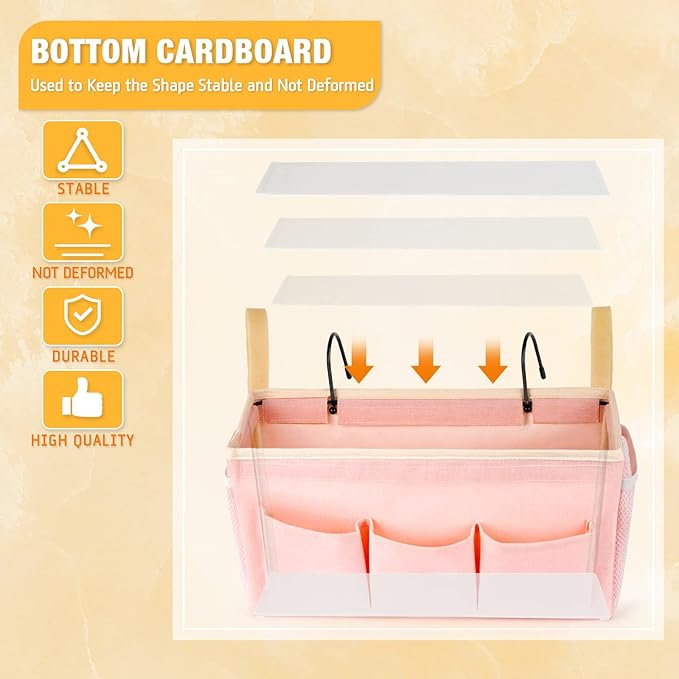 Lilithye Bedside Caddy Bedside Organizer Bedside Storage Caddy with Fixed Straps and Water Bottle Holder for Home College Dorm Bunk Bed Hospital Bed Crib Bed Rails (Pink)