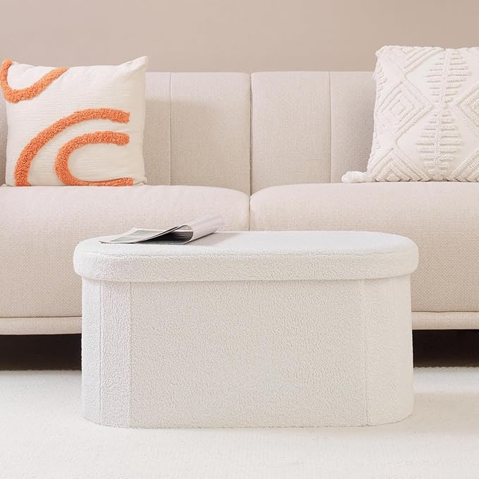 B FSOBEIIALEO Ottoman with Storage for Living Room, Sherpa Folding Storage Ottoman Foot Rest, 30 Inches Collapsible Bedroom Bench White Cream