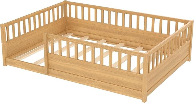 Bellemave Full Floor Bed with high Fence, Solid Pine Wood Montessori Bed for Kids Girls Boys Floor Bed Frame, Natural with slats