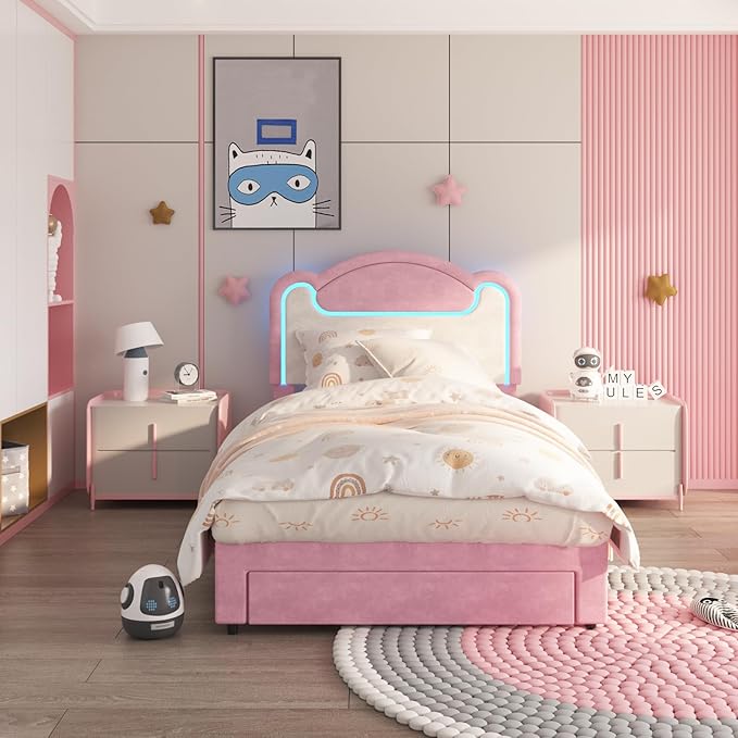 Garvee Twin Size Upholstered Bed Frame with LED Lights & Storage Drawers, Fabric Headboard & Wood Slats, No Box Spring Needed, Princess Bed for Girls (Pink White)