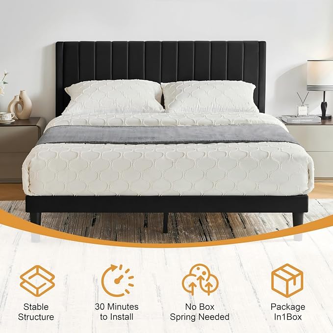 Queen Bed Frame Upholstered Platform,Queen Size Bed Frame with Velvet Headboard,Non-Slip and Noise-Free/Wooden Slats Support/No Box Spring Needed/Easy Assembly/Mattress Foundation Black (Black, Queen)