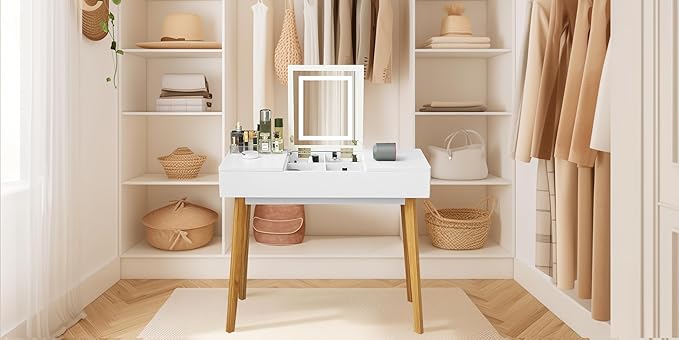 Small Vanity Desk, Flip Top Makeup Vanity, Makeup Vanity Desk with Mirror & LED Light, Power Outlet, Compact Dressing Table with Cushioning Stool, Vanity Desk Set for Kids, White