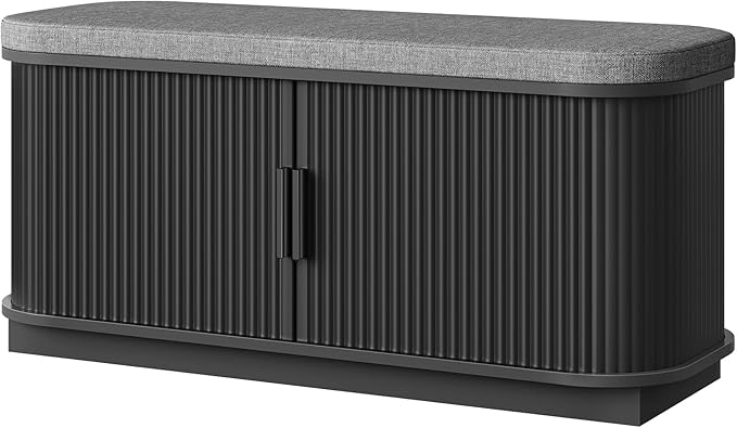 CHOEZON Shoe Storage Bench, Entryway Bench with Storage, Shoe Bench with Cushion and Sliding Door, Fluted Storage Bench, Entry Bench for Entryway, Hallway, Living Room, Bedroom, Black and Gray MHX02BB