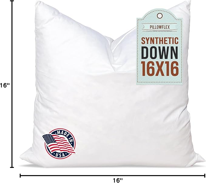 Pillowflex Synthetic Down Pillow Insert - 16x16 Down Alternative, Ultra Soft Throw Pillow, Small Couch Sham Bed Sleeping Pillow - 1 Decorative Accent Form